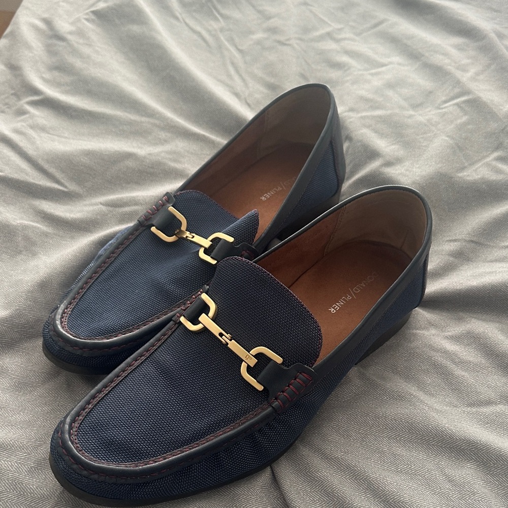 Donald J. Pliner Navy Loafers with Gold Accents